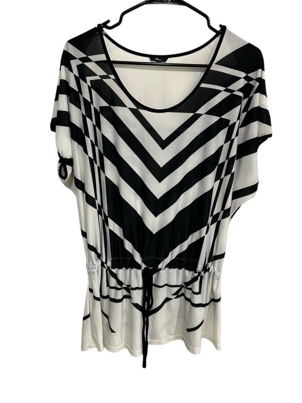 Milano Womens Black White Chevron Striped Drawstring Waist Tunic Top Preppy Chic